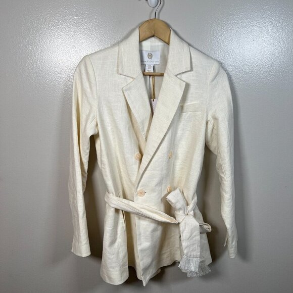 House of Harlow Linen Blend Blazer Jacket Size XS Ivory Double Breasted Tie - Picture 1 of 13